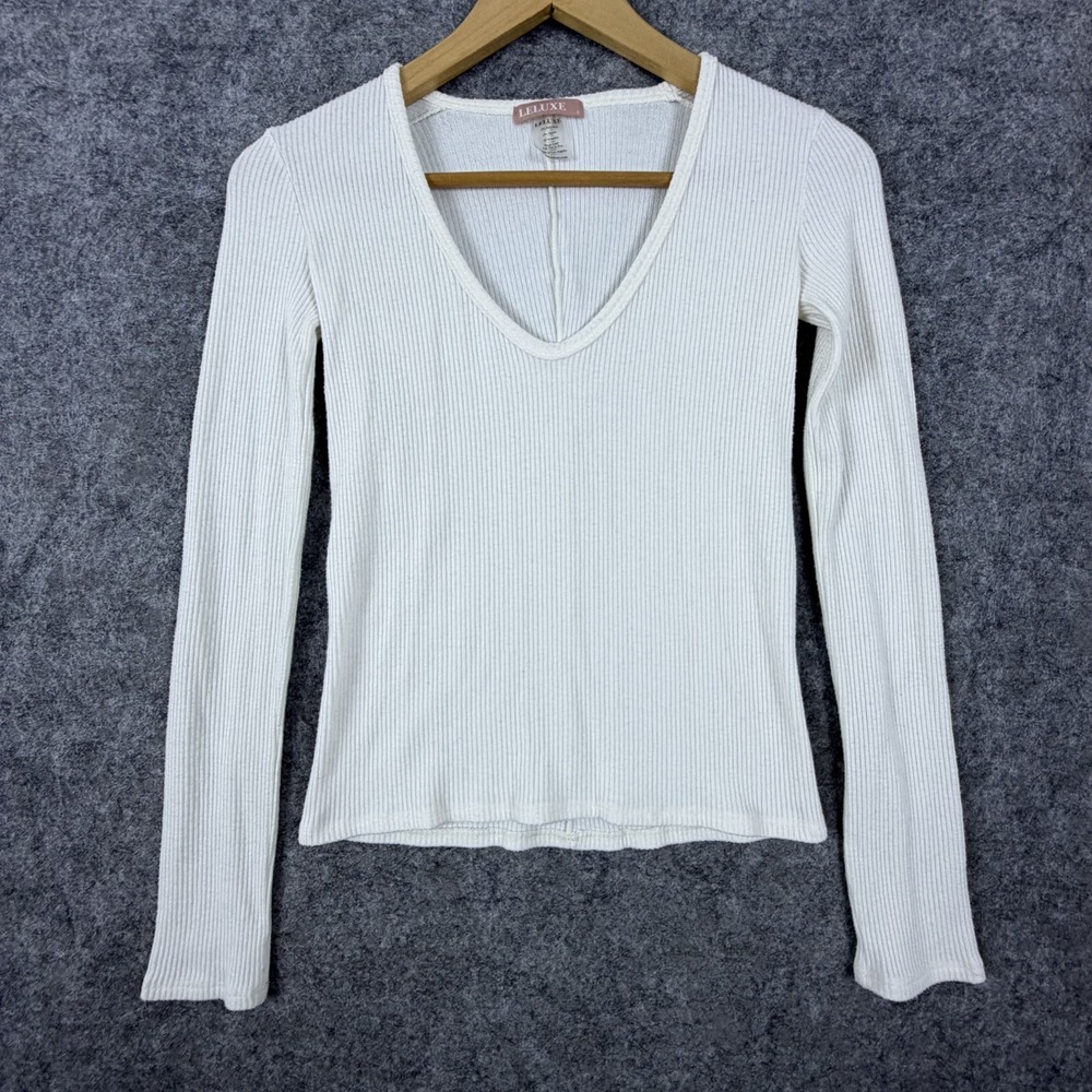 Leluxe Ribbed Knitted Top Womens Small White Stretch V-Neck Pullover Long Sleeve